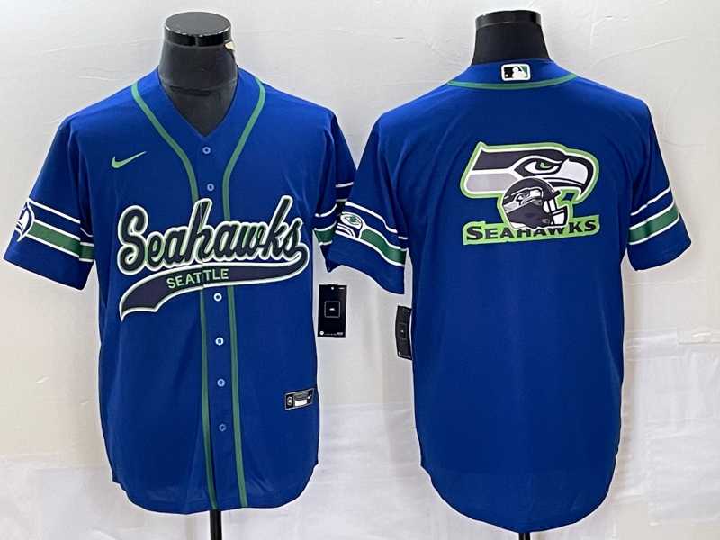 Men's Seattle Seahawks Big Logo Blue With Patch Cool Base Stitched Baseball Jersey